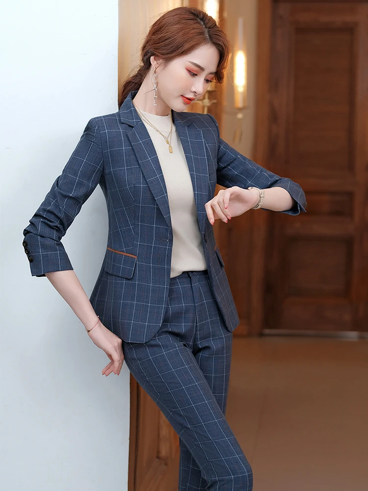 Women Pink Khaki Blue Plaid 2 Piece Set Pant Suit Formal Office Ladies Business Work Wear Blazer Jacket and Trouser