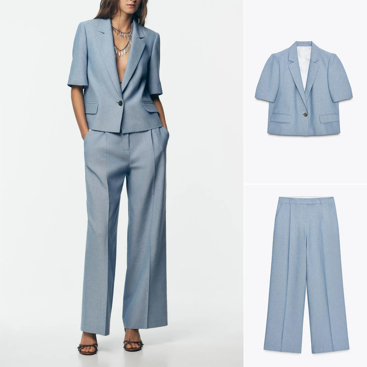 

Loose ort Sve Suit Jaet with oulder Pads Straight Leg Pants High Waist Tapered Polyester Fiber Office Wear Casual Sle