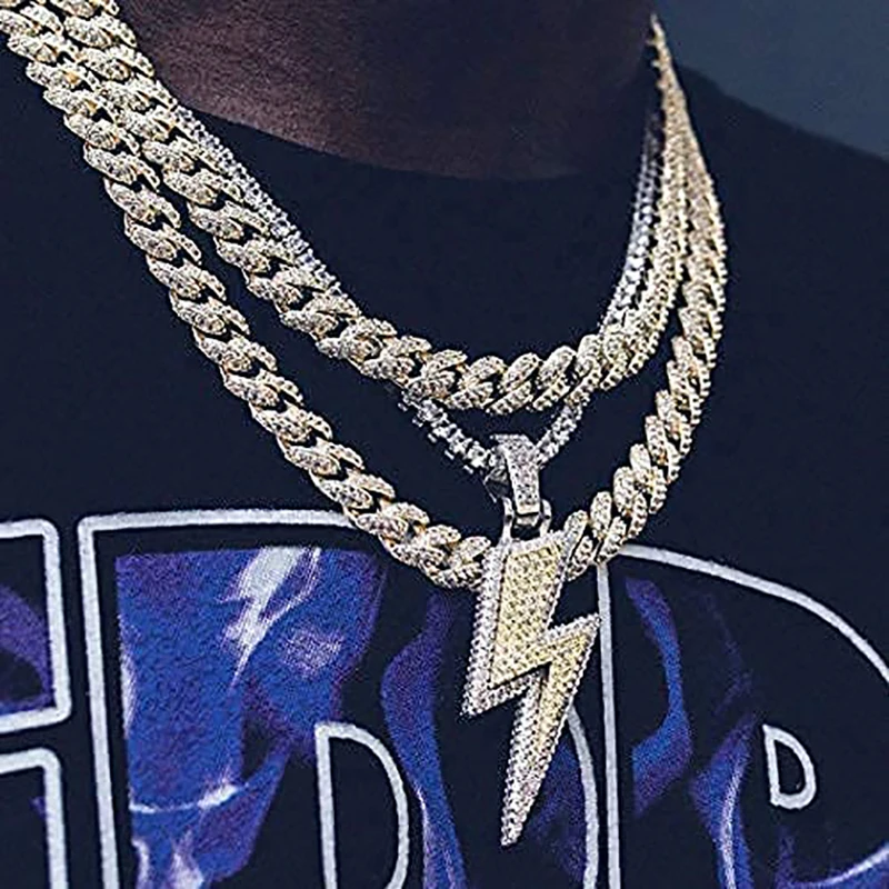 TOPGRILLZ Iced Out Bling Lightning Pendants With Tennis Chain Copper Material AAA Cubic Zircon Men\'s Hip Hop Jewelry Gift