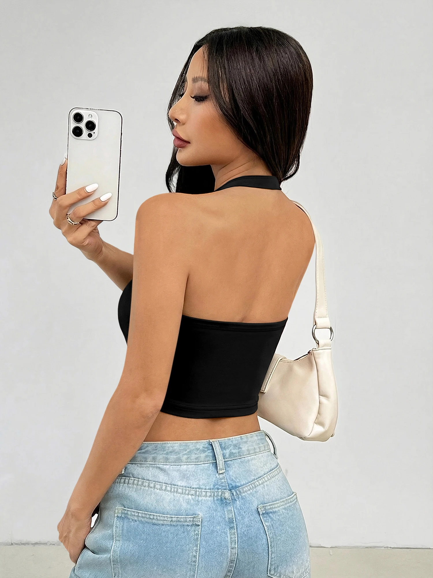 Trendy Coquette Halter Neck Crop Cami Top Women Solid Sleeveless U‑Neck Backless Slim Tank Daily Street Fitness Jogging Outfit