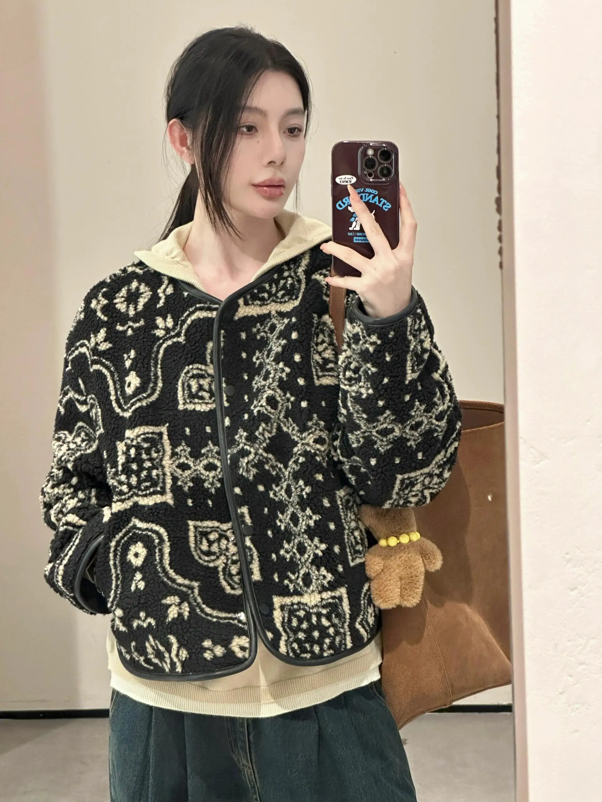 

Ретро-модная женская куртка из овечьей шерсти с круглым вырезом и узором Fair Isle, осенне-зимняя новинка, стильная повседневная верхняя одежда