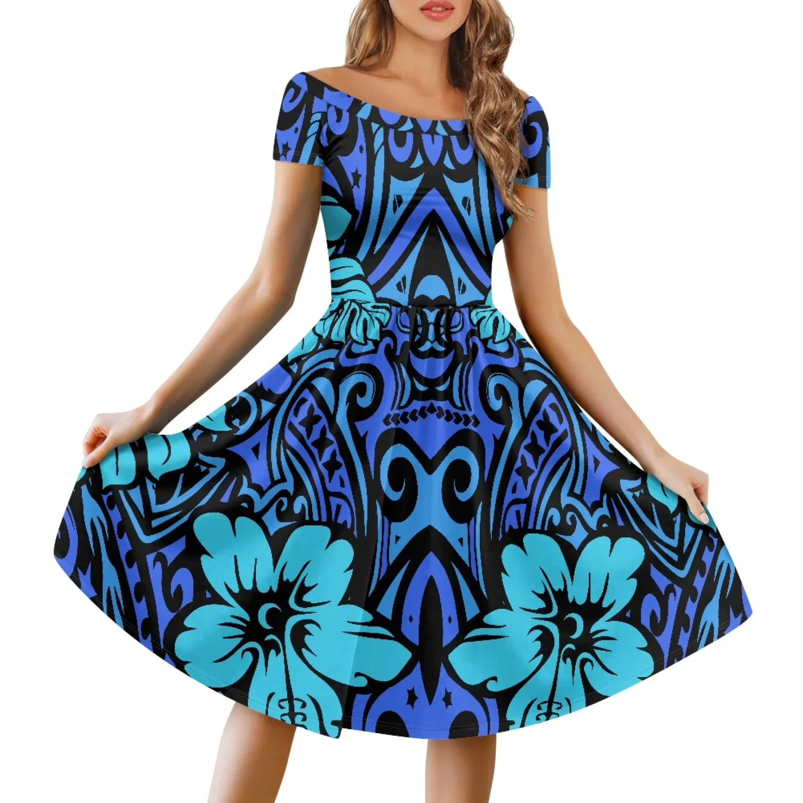 Polynesian Tribal Fijian Totem Tattoo Print, Slim, Off-the-Shoulder, Knee-High, Large Swing Dress, Street Party, Hibiscus Print