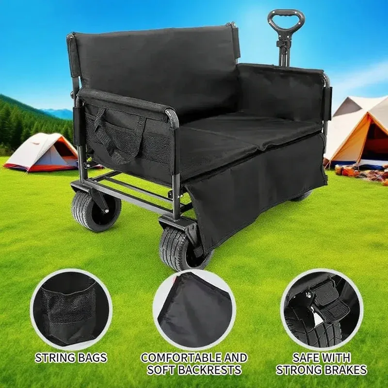 

Outdoor Camping Folding Wagon Cart - with String Bags, Soft Backrest & Strong Brakes, Ideal for Picnics, Trips, Heavy