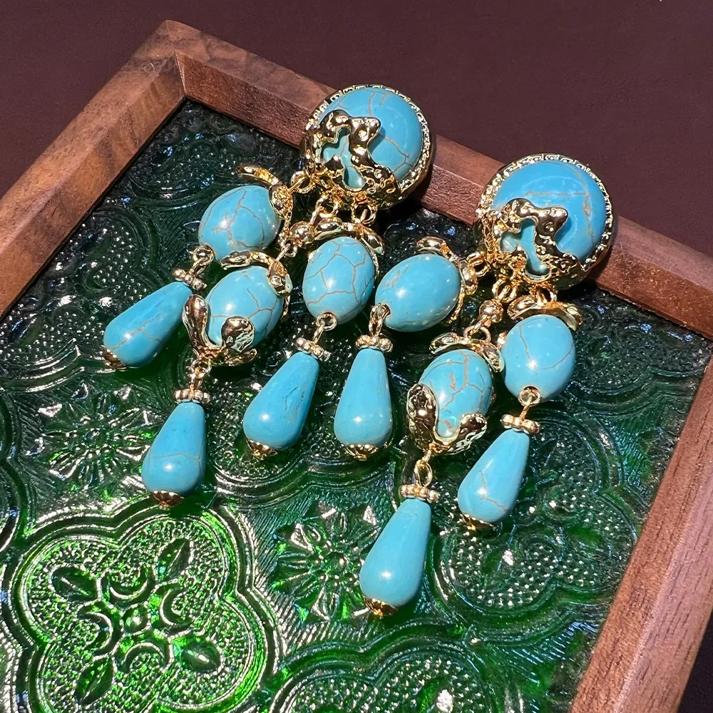 Medieval vintage turquoise fringed western antique niche design sense advanced sense earrings