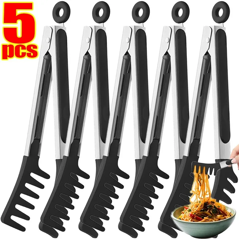 Pinzas para fideos de acero inoxidable, pinzas antideslizantes resistentes al calor para cocinar, pinzas para barbacoa, ensalada, Pasta, pinzas para alimentos, vajilla de cocina, 5/1 Uds.