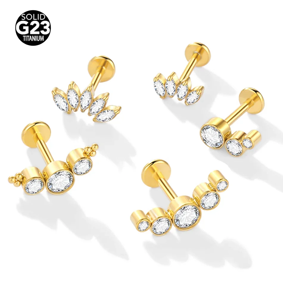 1PC Labret Piercing Titanium Gold Color Conch Helix Piercing Stud Earring Cubic Zircon Lip Studs Ring Chrząstka Kolczyk Biżuteria