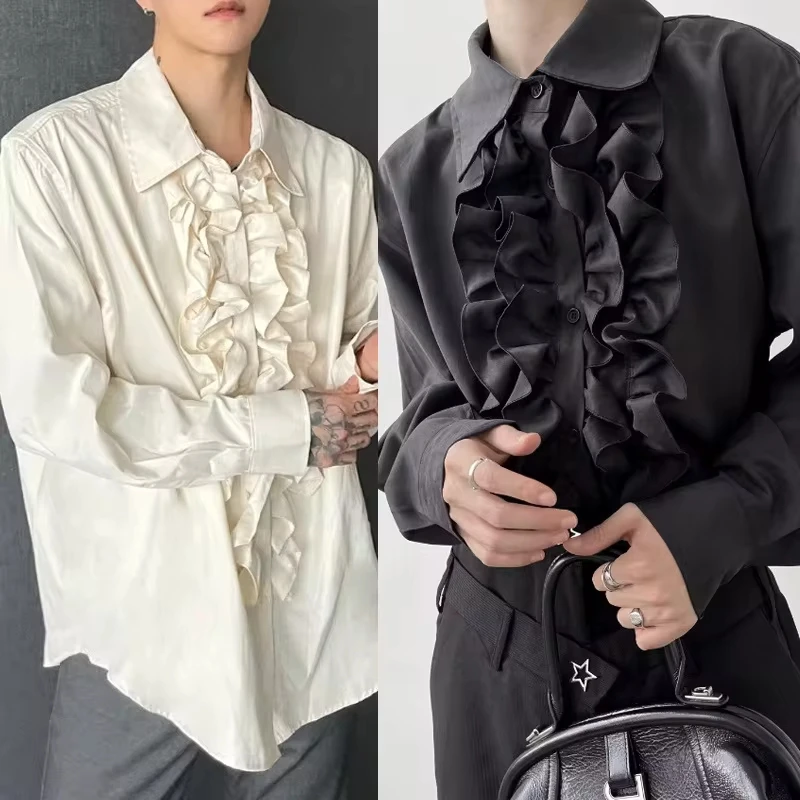 French court style pleated collar long sleeved casual floral shirt, retro fashion, loose fitting men's performance clothing