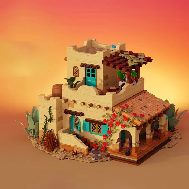 2055 Uds. MOC edificio de ciudad estilo mexicano casa adobe puesta de sol rancho modelo DIY montaje juguetes de bloques de construcción regalo de cumpleaños para niños