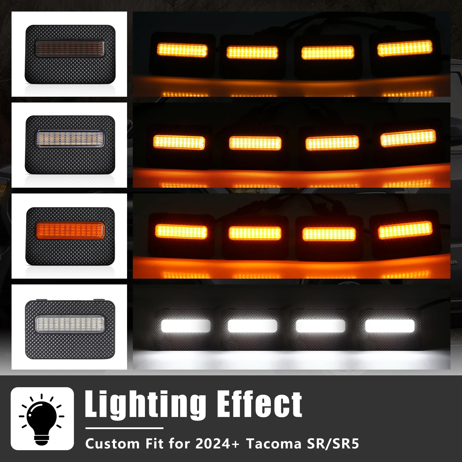 ل 2024 2025 تويوتا تاكوما SR SR5 سيارة الجبهة مصبغة أضواء الجبهة مصبغة LED مصباح تحذير النهار تشغيل ضوء الأبيض العنبر 12 فولت #2
