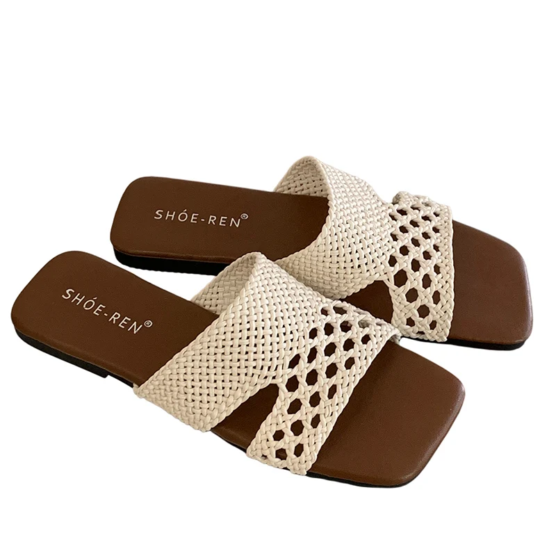 Black Sandals For Woman Flat Summer Shoes Beige Weaving Women Slippers Casual Beach Shoes Outdoor Ladies Sandals