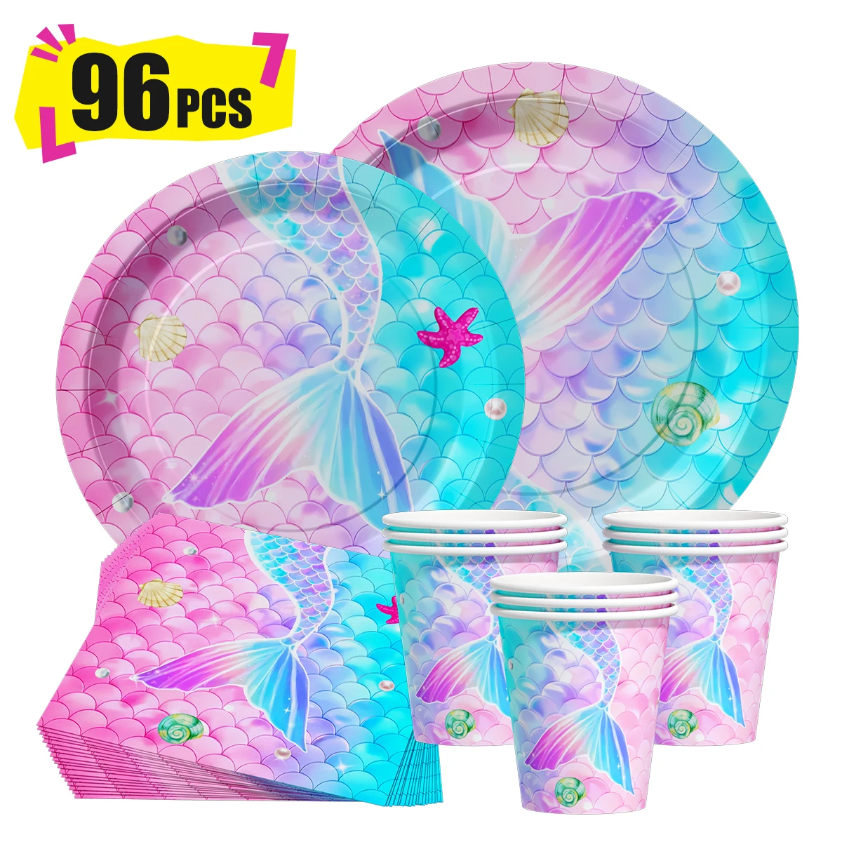 

Mermaid Birthday Disposable Tableware Little Mermaid Paper Plates Cup Napkin Girls Mermaid Under Sea Party Decoration