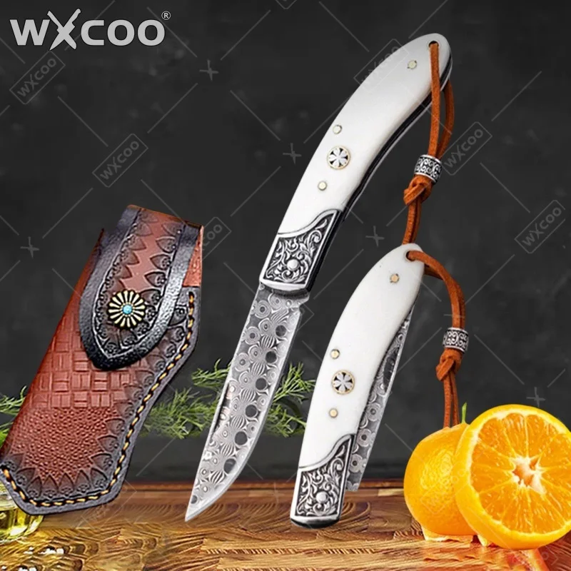 wxcoo-ダマスカス鋼製折りたたみ式フルーツナイフ-ポケットナイフ-耐久性のある肉切り包丁-カバー付きフルーツ・野菜用キッチンナイフ