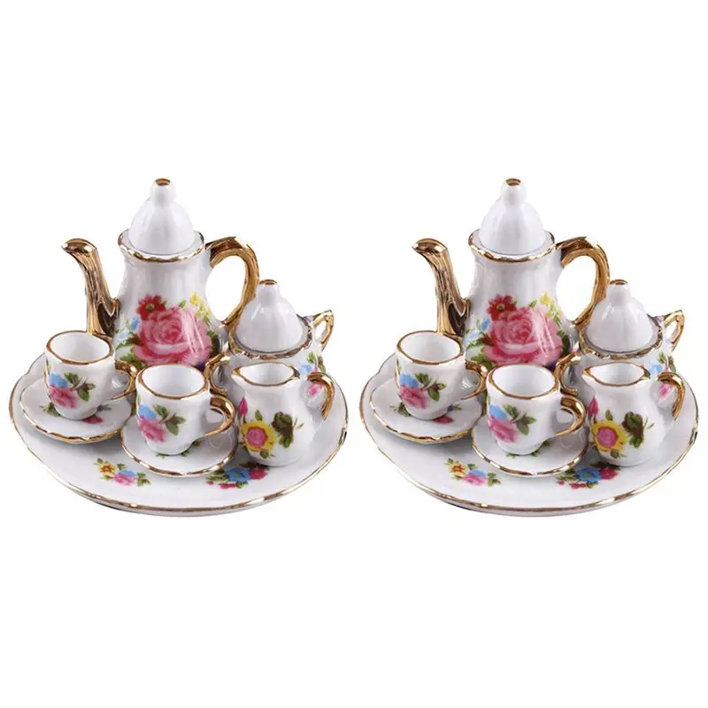 

ODIES-2X 1:12 Miniature Porcelain Tea Cup Set Tableware Teapot Kitchen Dollhouse Accessories House Decor