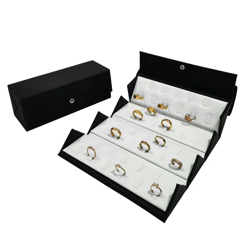 Portable Foldable Jewelry Storage Box Black Leather Outer and White Leather Inner Jewelry Box Rings Necklace Pendant Container