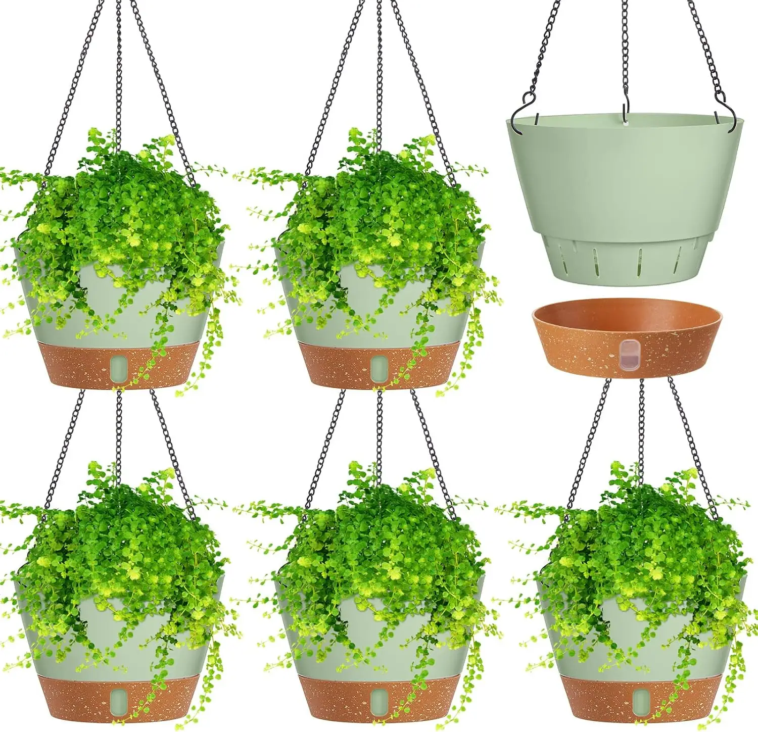 6 Pcs Hanging Planters (8") Green with Self Watering, Drainage for Indoor, Outdoor, Garden Plants