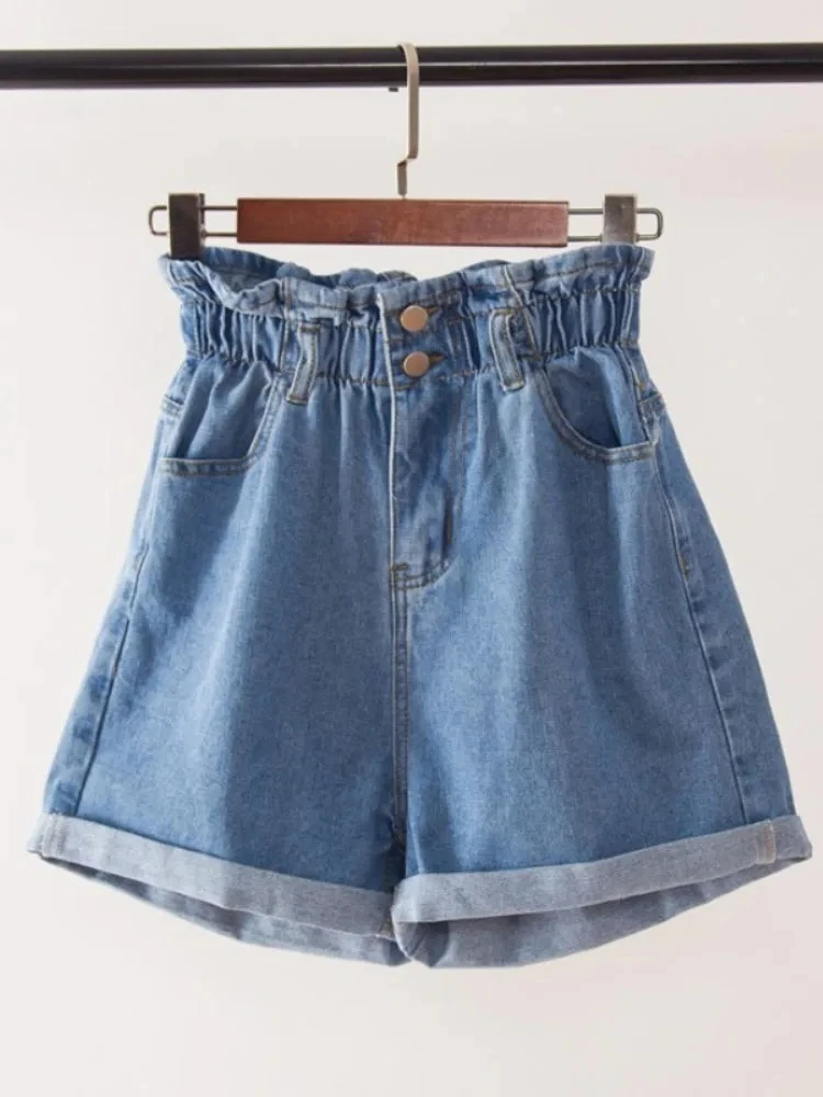 Verão harem babados denim shorts cintura alta jeans elásticos para mulher em preto/branco/azul tamanhos S-3XL 2025 trendiest
