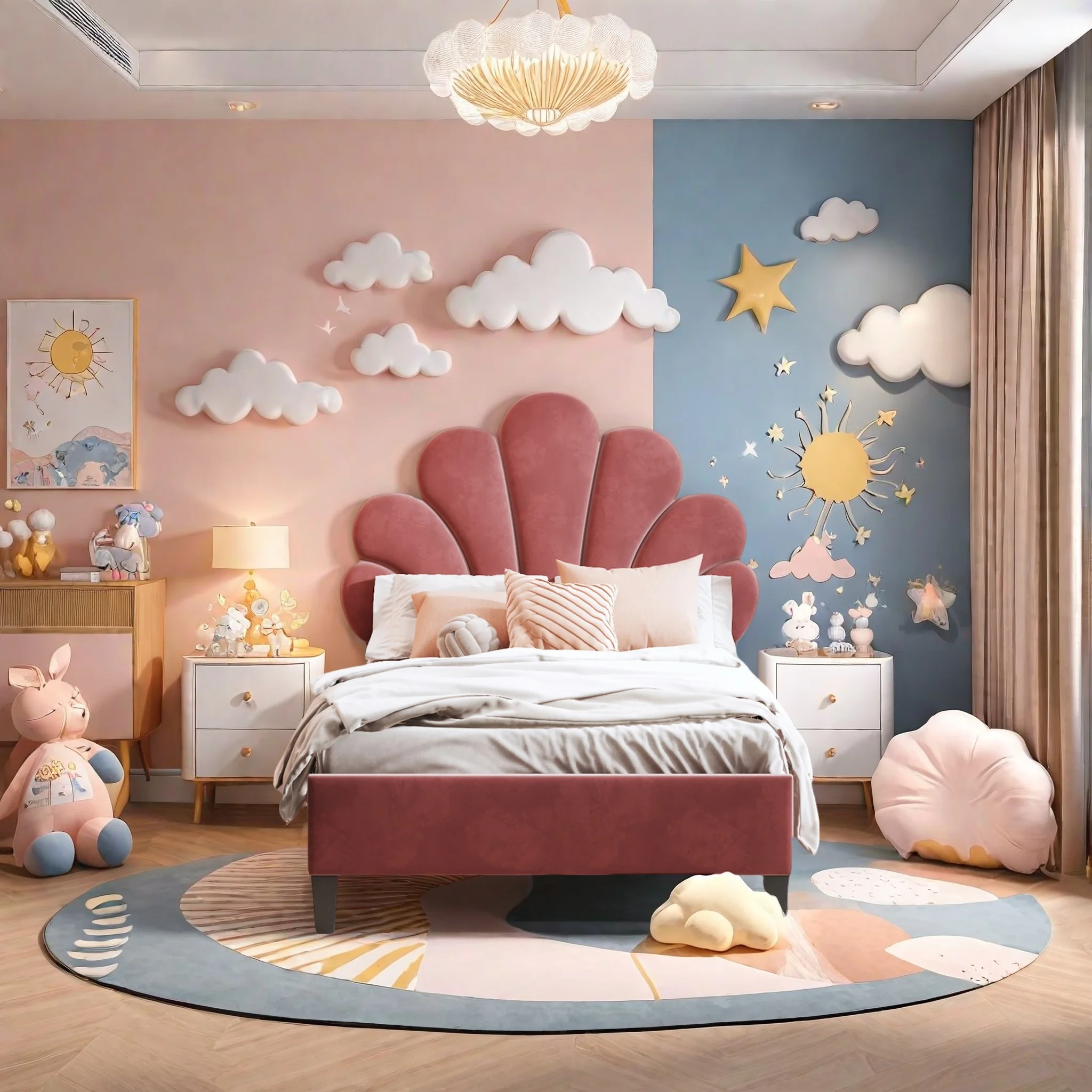 Kinder-Einzelbett 90 x 200 cm, gepolstertes Bett mit blumenförmigem Kopfteil und Lattenrost,