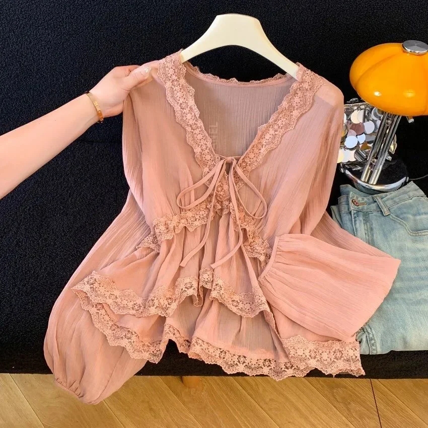 Blouse Women's Summer French Embroidered Lace Tie-front Loose-fitting Sweet Elegant Luxurious Minimalist Casual Niche Versatile