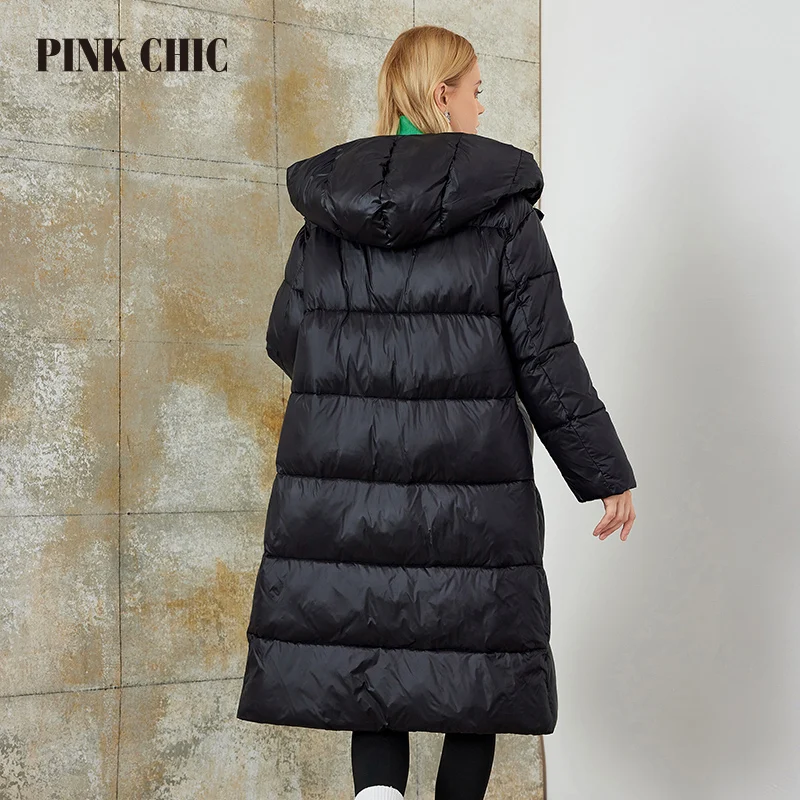 PINK CHIC 2023 New Winter Coat Women Down Jackets High Quality Dark Beige Warm Lace up Hooded Long version Parka Female W6650