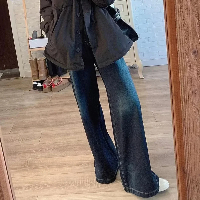 Harajuku Wide Leg Jeans for Women Vintage Deep Blue High Waist Full Length Pants Autumn 2000S Streetwear Loose Straight Trousers