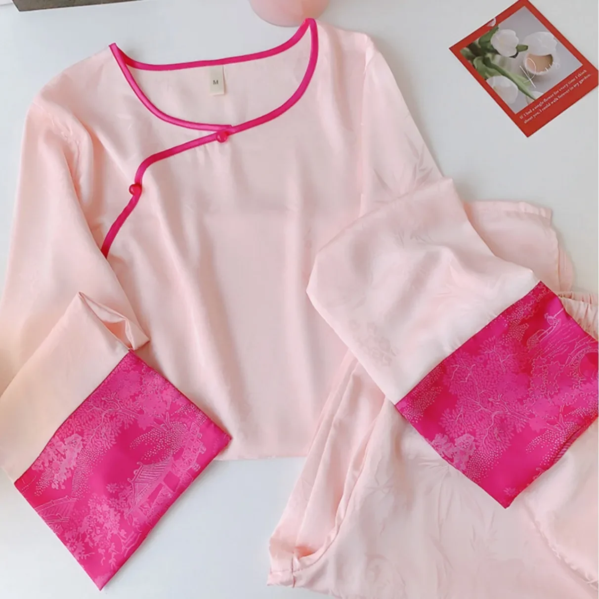 

Изысканные жаккардовые брючные костюмы с длинными рукавами, одежда для сна, новый женский пижамный комплект в китайском стиле из 2 предметов, весенне-осенняя атласная домашняя одежда