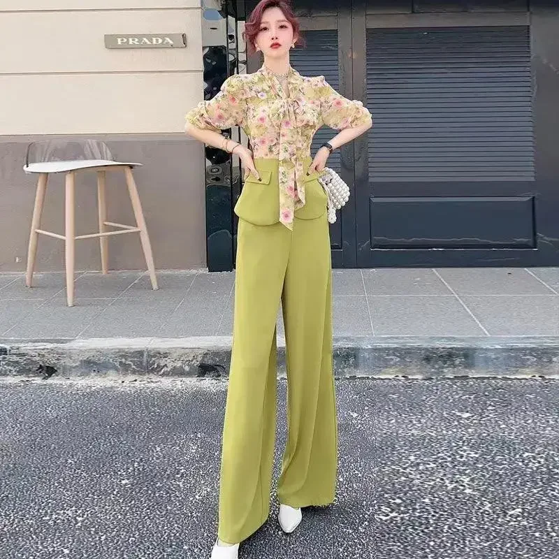 Lace Up Splicing Printing Women\'s Pants Two Piece Set Summer 2024 Green Wide Leg Ladies Trouser Xxl Clothing Sales Classy Luxury