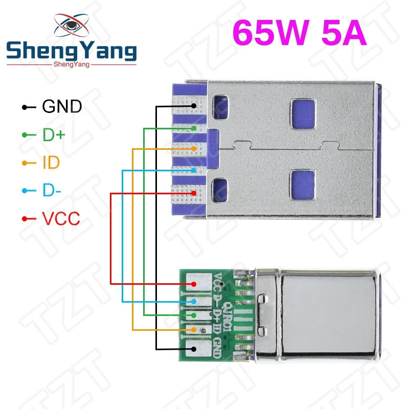 TZT 1Set Fast Charge Type-C USB 65W 5A  Male Connector Welding With 5Pin PCB + Type A Male 6 Pin USB DIY OTG Data Charge DIY KIT