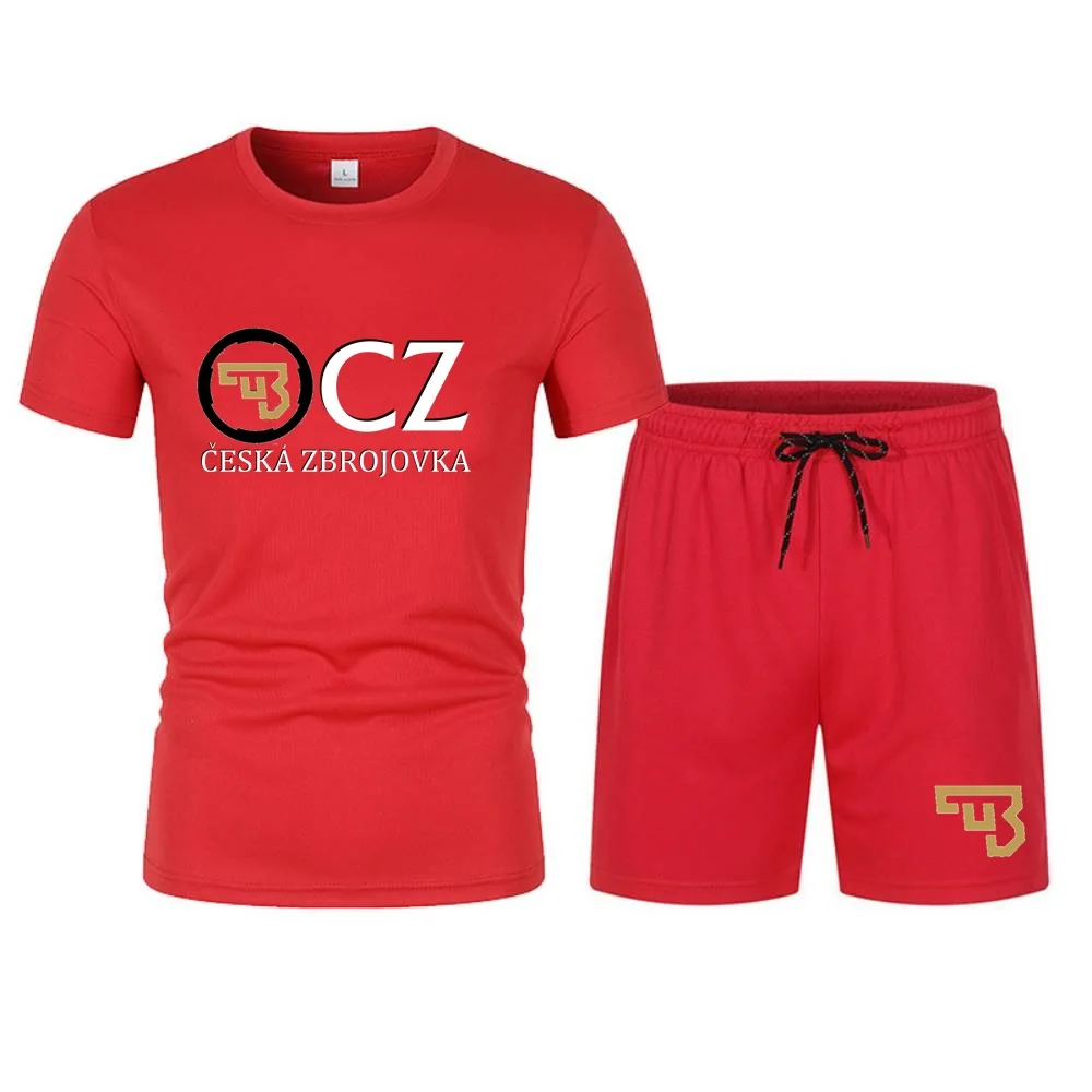 Camiseta e calções de malha respirável de secagem rápida masculina, conjunto de roupas esportivas masculinas, armas de fogo CZ, camiseta fitness,