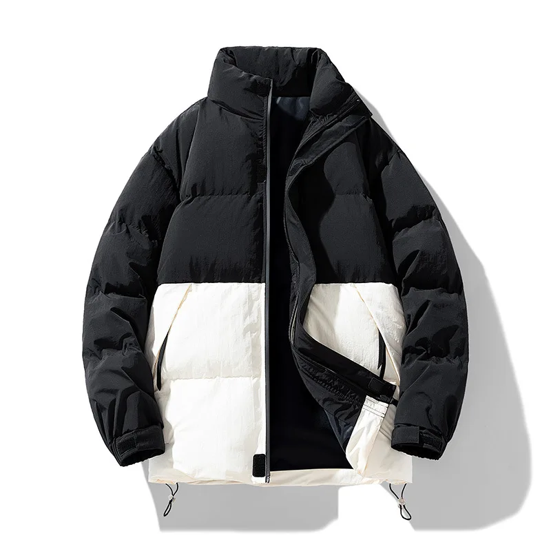 Man Down Jacket Winter Thicken Warm Patchwork Loose Male Outerwear Fashion Stand Collar Long Sleeve Loose Zipper Men Coat