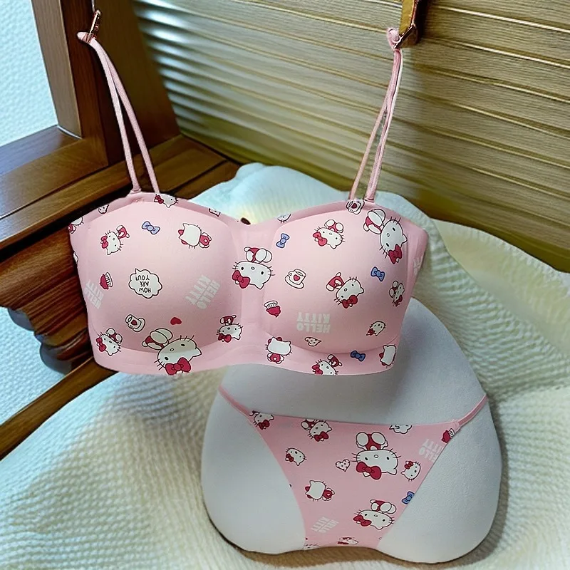 

Hello kitty cute girl double strap bandeau beauty back gathered underwear non-slip underwire comfort bra set holiday gift