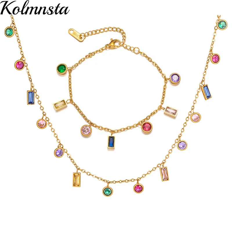 Kolmnsta Colored Zircon Square Crystal Tassel Necklace For Women Girls Gold Plated Choker Titanium Steel Bracelet Jewelry Sets