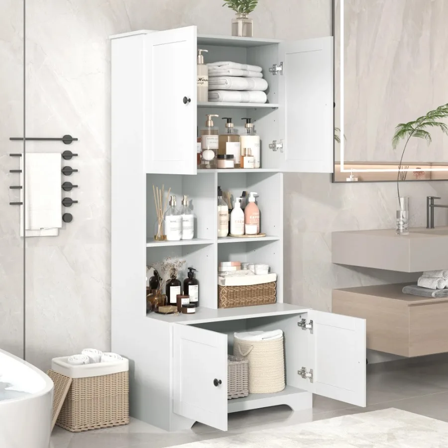 Tall and Wide Bathroom Floor Storage Cabinet Bathroom Storage Unit Freestanding Cabinet with 4 Doors Adjustable Shelves Open mu