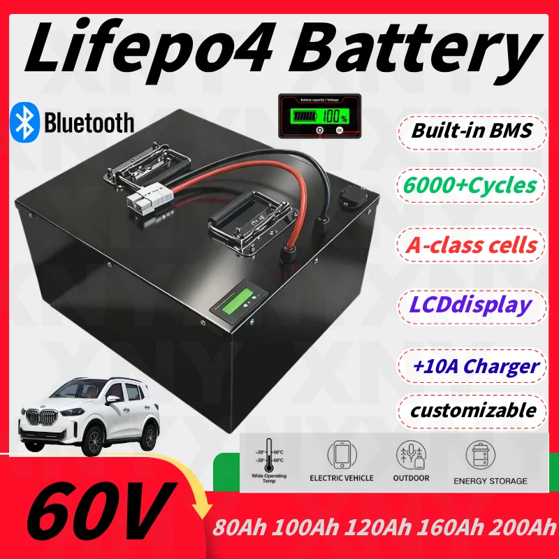 

Литий-железо-фосфатный (LiFePO4) аккумулятор 60В для электромобилей с BMS и зарядным устройством для электрических трайков, мопедов, гольф-каров - 100Ач, 120Ач, 150Ач, 200Ач
