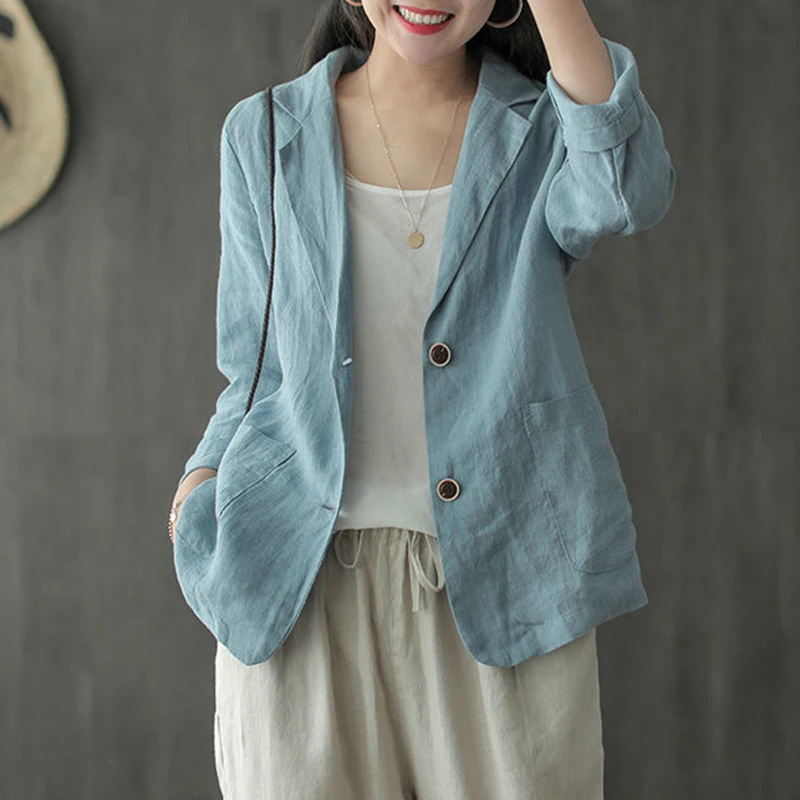 

Casual Linen Short Sleeve Suit Jacket Thin Cotton Linen Long Sleeve Western Style Women's Spring Fashion Outerwear Coat