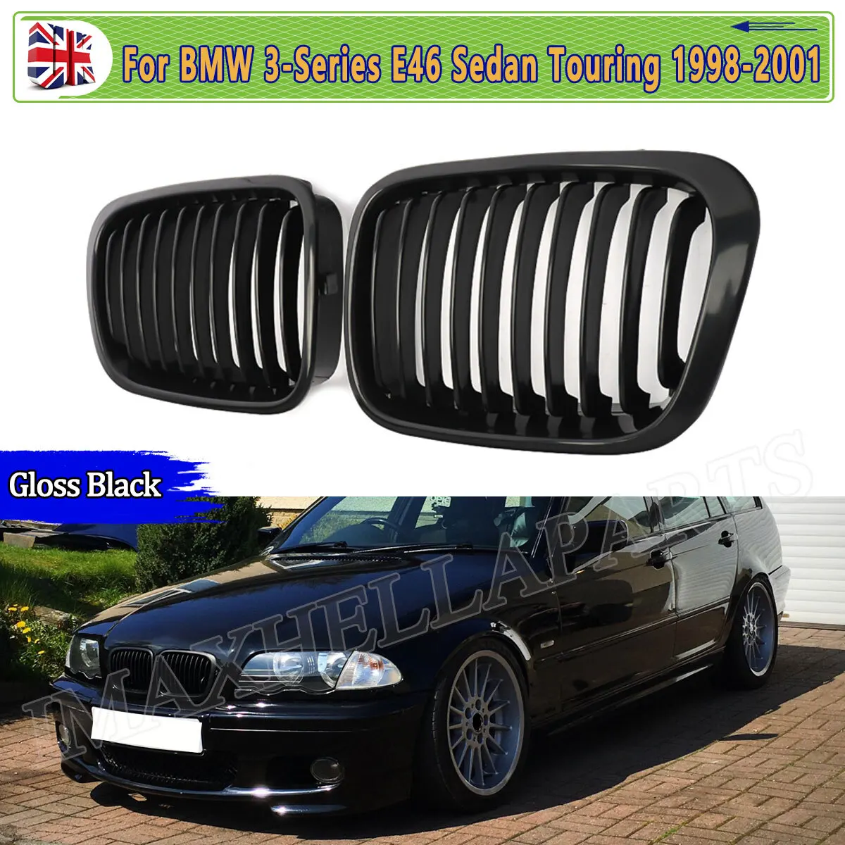 

For BMW 3 Series E46 Gloss Black Front Kidney Grille Grill 318i 320i 330d 4 DOOR 1998 1999 2000 2001 Pre-facelift Middle Grille