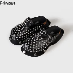 Women 2024 New Spring/Summer Thick Sole Half Made Of Genuine Leather, One Step Padded  Slippers For Women's