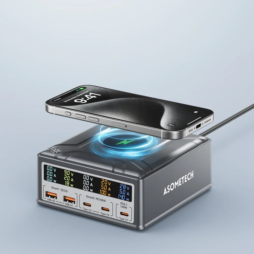 260 واط GaN USB C شاحن شاشة ديجيتال سطح المكتب USB نوع C شاحن 140 واط PD3.1 PPS QC4.0 شاحن لاسلكي لأجهزة الكمبيوتر المحمول اللوحي الهاتف