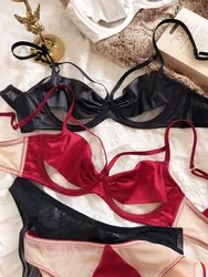 Adjustable Bandage Lingerie Set - Satin & Lace Bra w/Steel Rings + Glossy Panty | Sexy Underwear for Women (Black/Red)