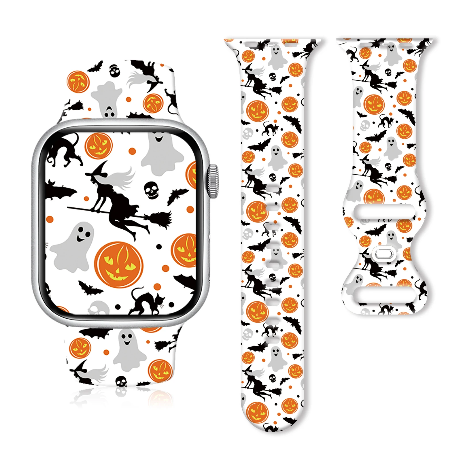 

Halloween Series Cute Smiling Pumpkin Print Strap for Apple Watch Series 10/9/8/7/SE Soft Silicone Replacement Band 45mm44mm42mm