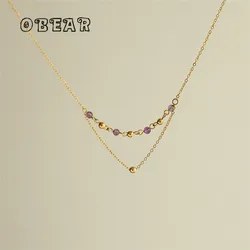 Handmade Beaded Natural Amethyst Two-layer Simple Necklace Clavicle Chain for Women Stainless Steel 18k Gold Plated Jewelry