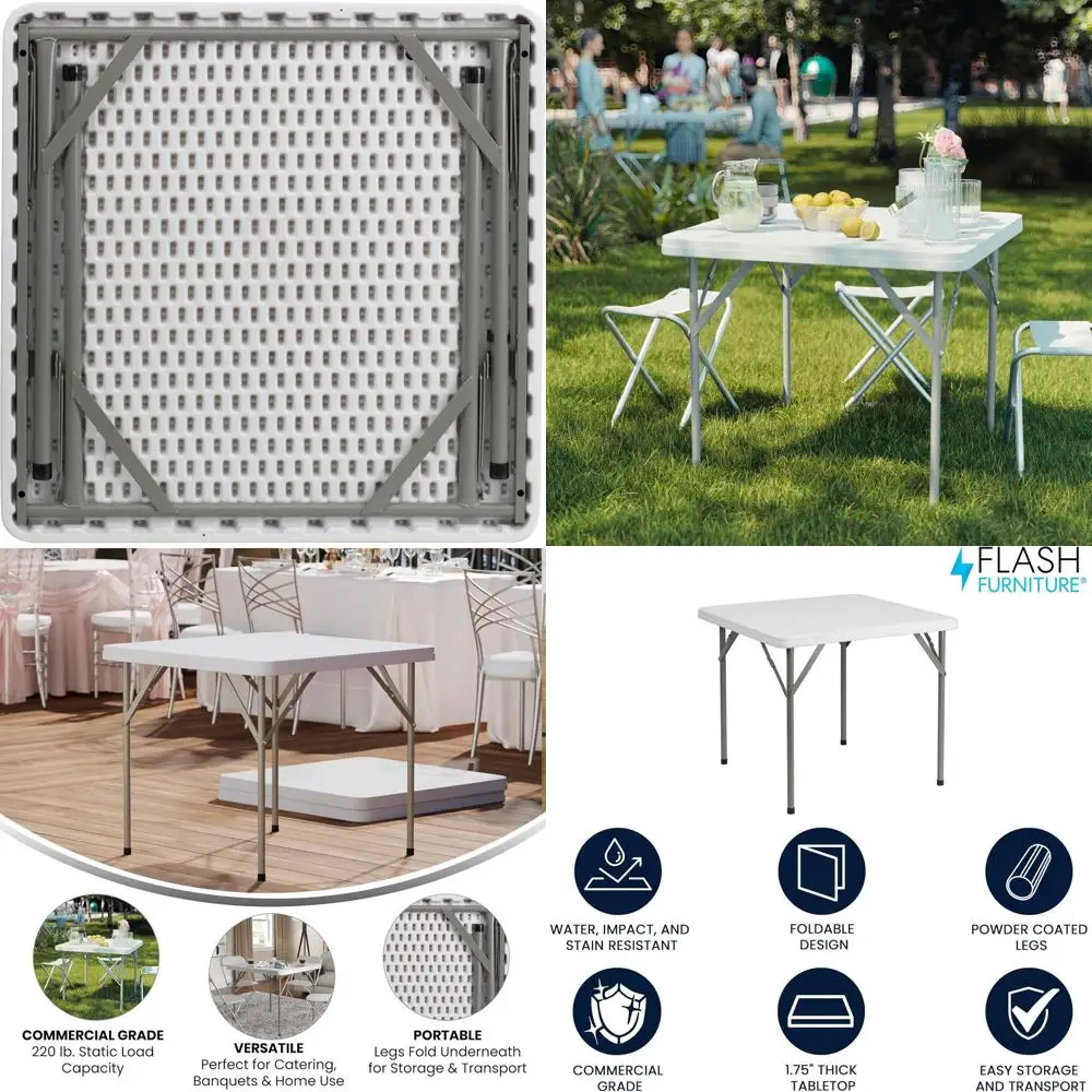 White 2.85' Square Plastic Folding Table with Locking Legs for Indoor/Outdoor Events