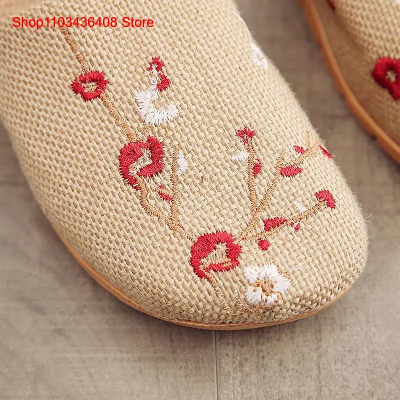 Embroidery Flower Bamboo Indoor Slippers Linen Plum Blossom Slippers Soft Bottom Sweat Absorption Women Slippers