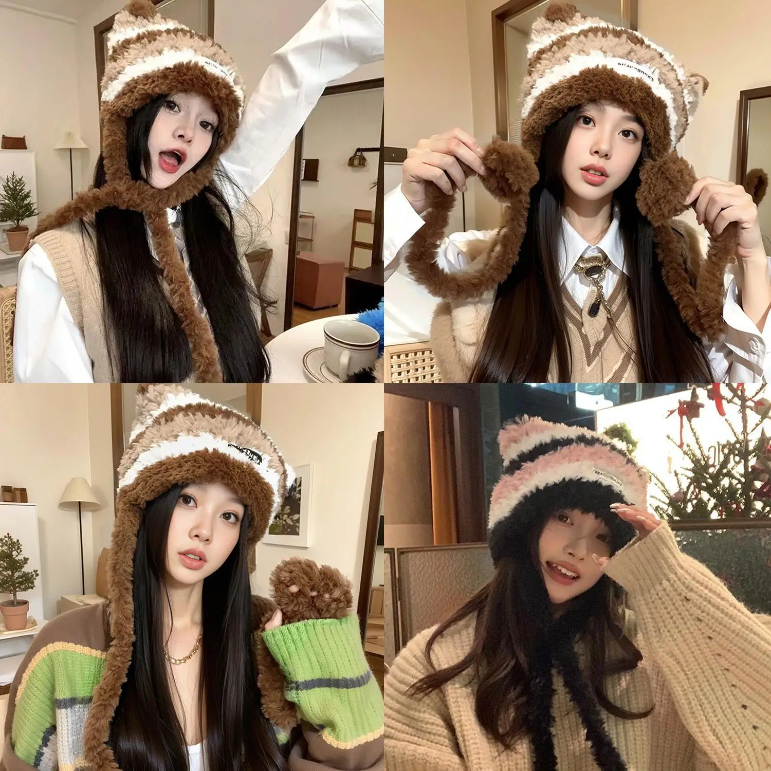 

Cat Ear Contrast Stripe Handmade Crochet Pullover Beanie Hat Woman Cute Ear Protection Warm Knitted Wool Cap In Winter Hats