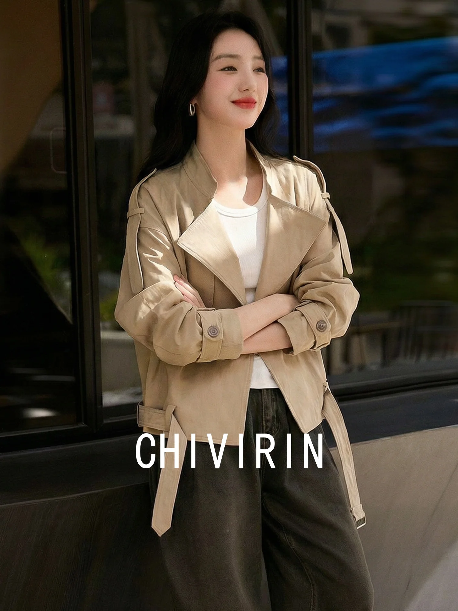 

Ele Spor ort Coat for Women Spring Faion Windbreaker Outerwear Chivirin Polyester V-Ne Button-Up Casual Wear