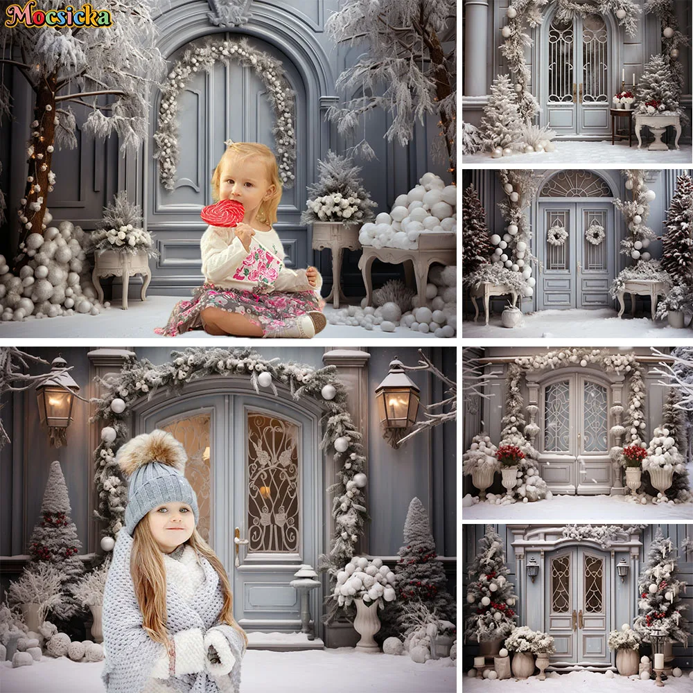 

Winter Snowy Background for Studio Photography Frozen White Wooden Door Christmas Ball Decor Backdrop Family Portrait Photozone