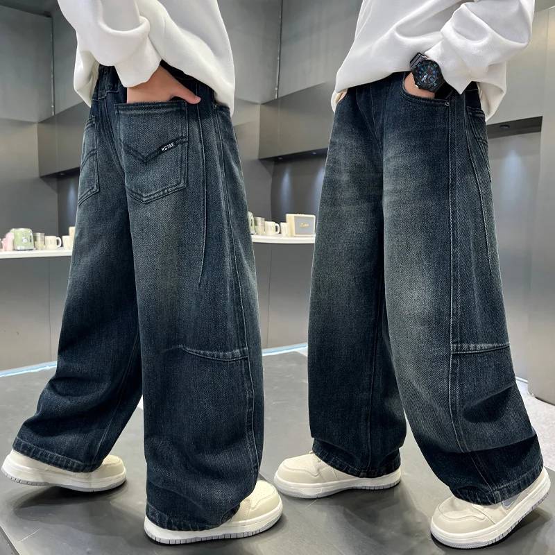 Boys jeans, work clothes, wide-leg pants, autumn splicing,  side splicing, straight-leg pants suitable for 5-15-year-olds