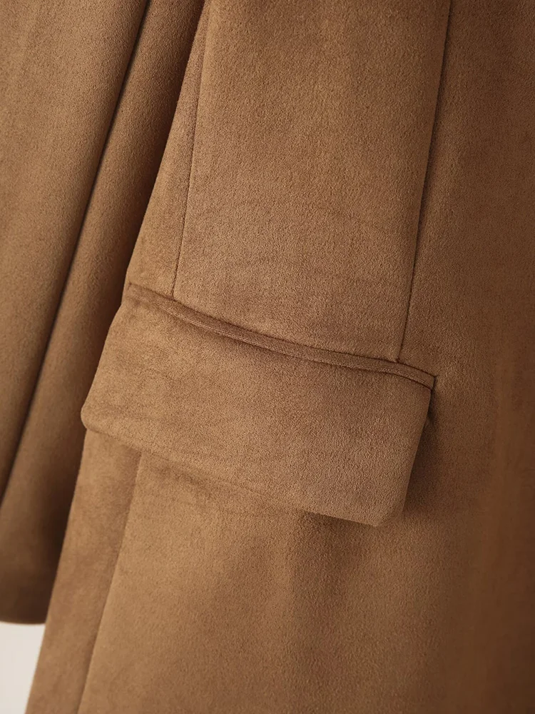 معطف نسائي من جلد الغزال الصناعي بلون سادة وأكمام طويلة مع جيوب أمامية ملابس خارجية أنيقة للنساء #6