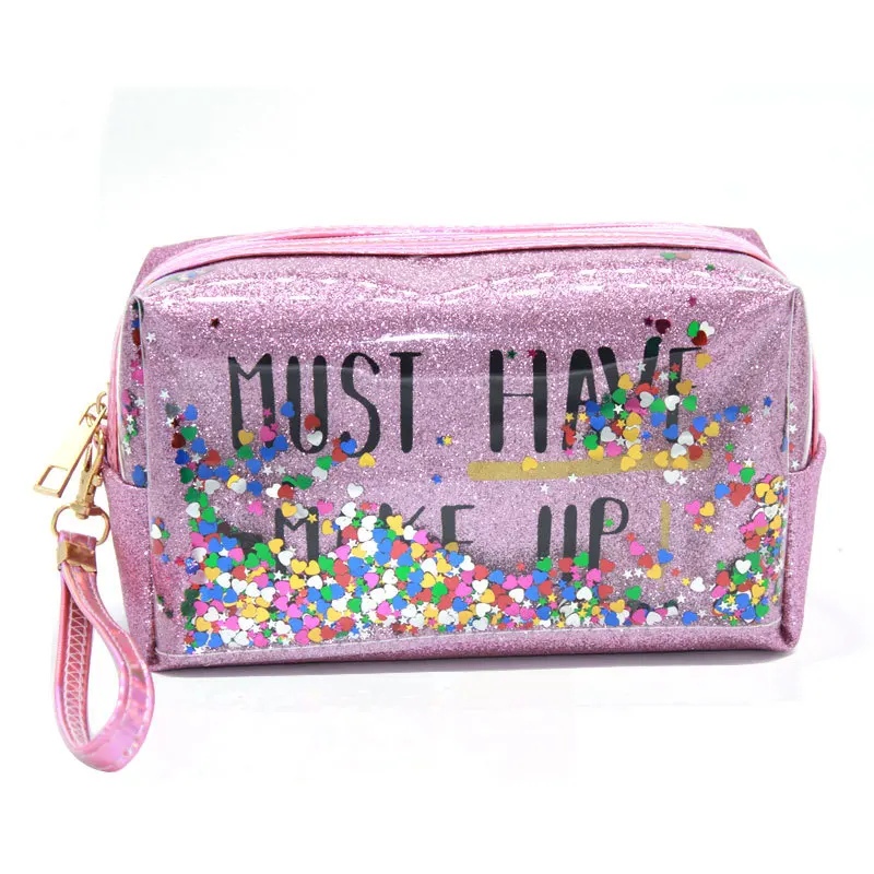 

Glittering Colorful letters print Toiletry makeup bag sequins splicing PVC quicksand waterproof colorful travel bag