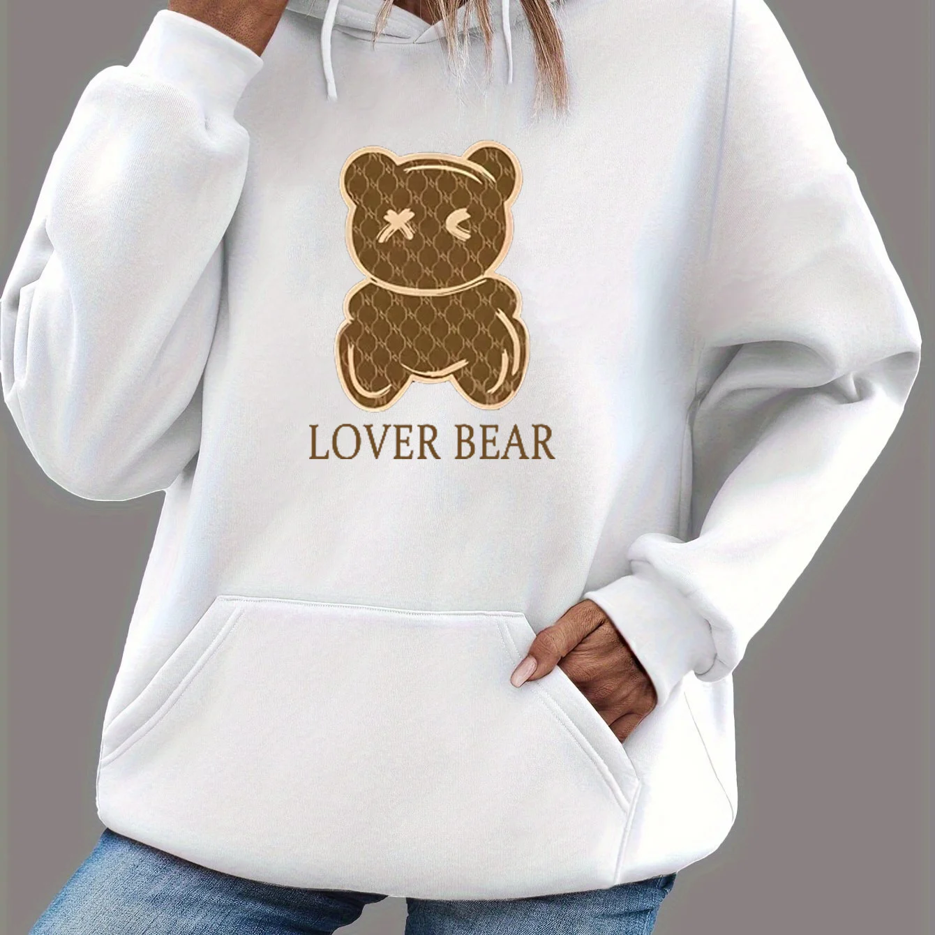 سترة نسائية للخريف والشتاء دافئة وفضفاضة كاجوال بنمط الدب الكرتوني مطبوعة مخملية بأكمام طويلة وغطاء للرأس