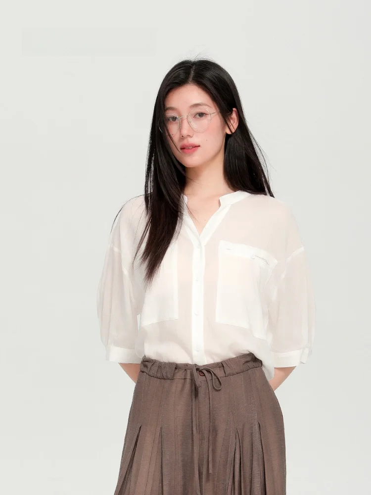 

Dailanzhi Summer 2025 New Silk V-ne irt Casual Loose Versatile Slimming Commute Ready ort Sve Button-up Top